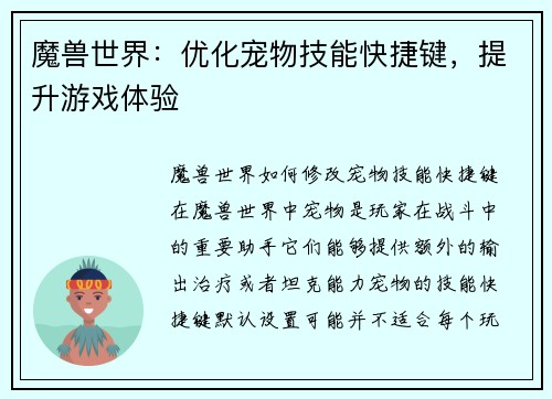 魔兽世界：优化宠物技能快捷键，提升游戏体验